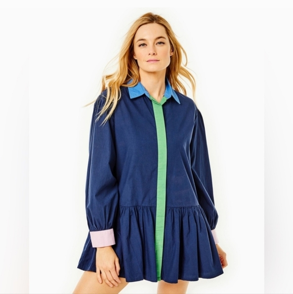 Addison BAY LANE Shirt DRESS MINI NEW$178 Dropwaist Blue Pink Green Preppy L XL - Picture 1 of 6